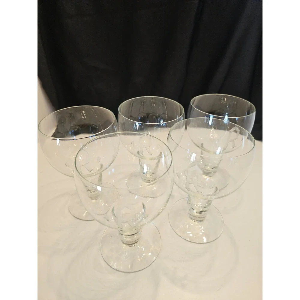Set of 5 Vintage Monogrammed R Etched Glass Cocktail Beer Stemmed‎ Glasses